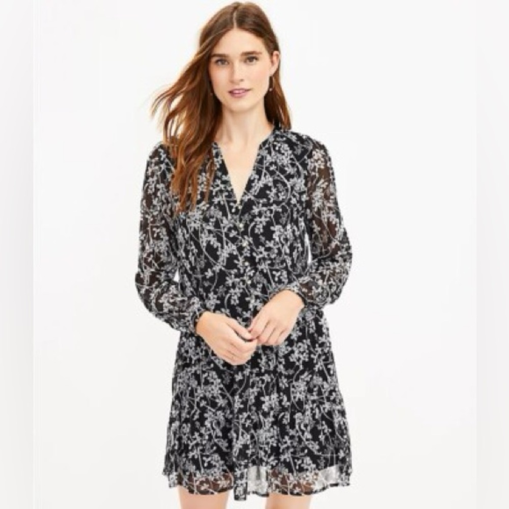 NEW $90 Ann Taylor LOFT Vine Drop Waist‎ Shirtdress Black/White Floral Medium